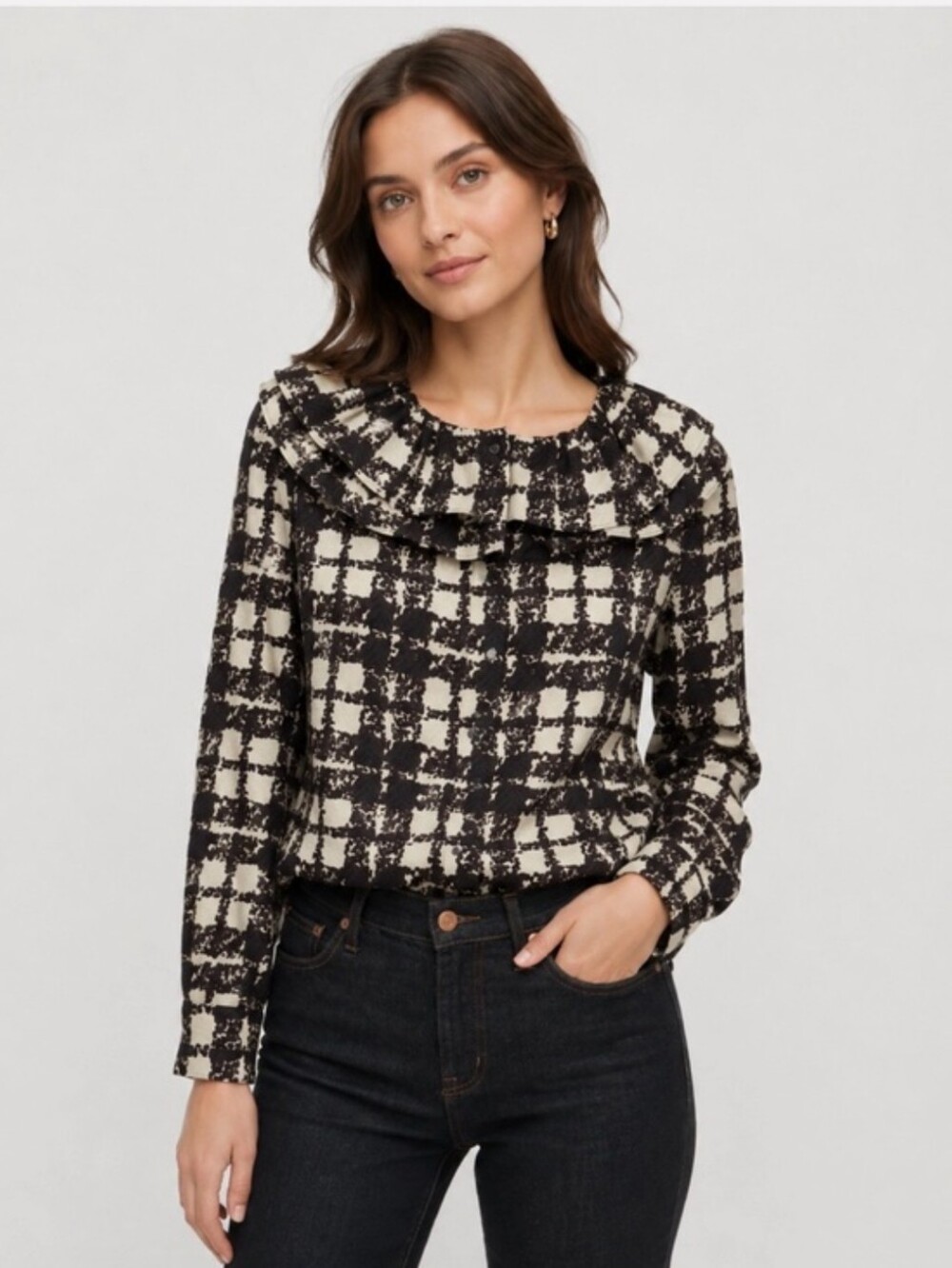 J. Crew Collection Silk Ruffle Collar Plaid Button Down Top XXL